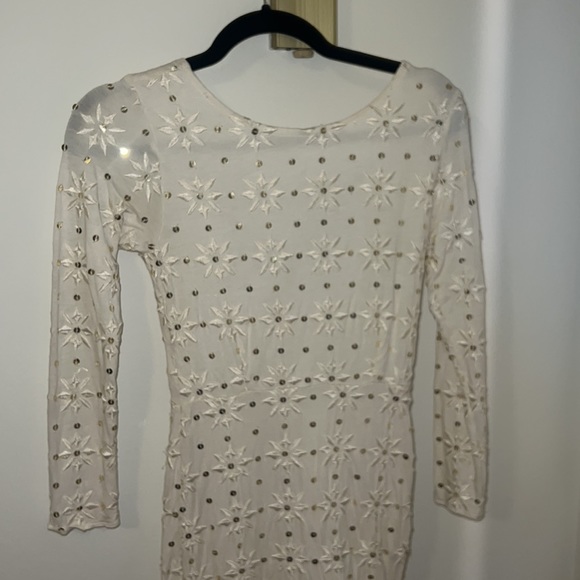 Free People Ivory Bodycon Dress Embroidered Flower Gold Sequins Long Sleeve - Picture 5 of 7